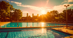 Une piscine municipale en fin de journée, avec du chlore dans l'eau
